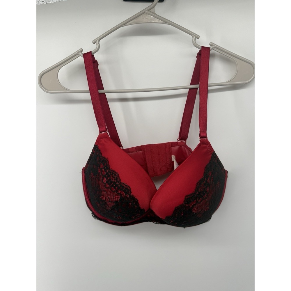 Cacique 38DD Red Black Lace Satin Push-Up Plunge Bra